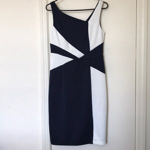 Navy Blue White Asymmetric Starburst Dress 6